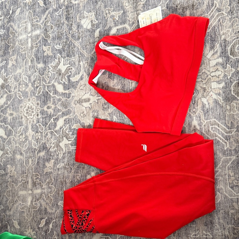 Fabletics Bold Red Sports Bra and leggings